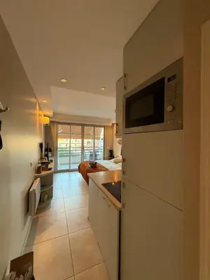 a kitchen with a sink and a microwave at Art apart studio Rouaze in Cannes