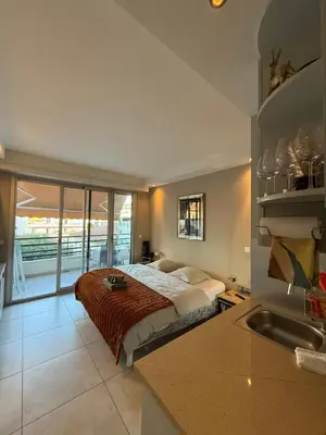 a bedroom with a bed and a sink in it at Art apart studio Rouaze in Cannes