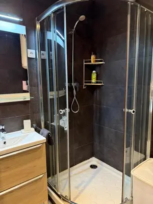 a bathroom with a shower and a sink at Art apart studio Rouaze in Cannes