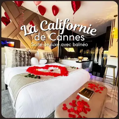 a vase with red roses on a table in a room at California Romantic Suite with Balneo in Cannes