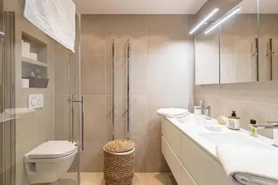 a bathroom with a shower and a toilet and a sink at LE PARADIS avec deux terrasses équipées et piscine in Cannes