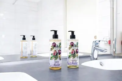 three bottles of soap sitting on a bathroom counter at Sud Croisette - Proche Palais des Festivals in Cannes