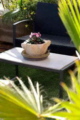 a table with a potted plant on top of it at Jardin Suquet - Appartement panoramique Grande terrasse vue sur mer & Palais in Cannes