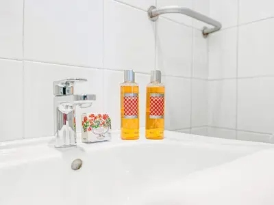 two bottles sitting on a sink in a bathroom at L'olivine - Paisible Loft avec terrasse Cannes in Cannes