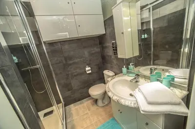 a bathroom with a shower and a sink and a toilet at Studio w parking, close to film Festival Palace in Cannes