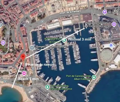 a map of a marina with a map at Quiet Appartment 400m Palais & 100m Beach in Cannes