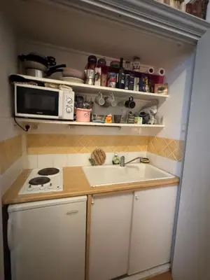 a small kitchen with a sink and a microwave at Suite Romantic in Cannes