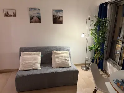 a couch with two pillows in a living room at Studio Suquet proche palais des festivals congrès in Cannes