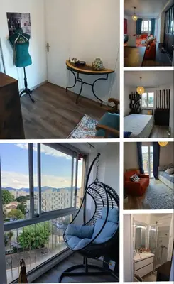 a collage of four pictures of a room with a view at Location saisonnière T3 Cannes in Cannes