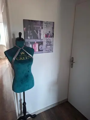a dress on a stand in a room with a picture at Location saisonnière T3 Cannes in Cannes
