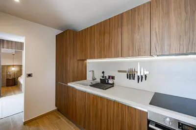 a kitchen with wooden cabinets and a counter top at Apartment for 4people in Martinez in Cannes