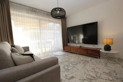 a living room with a couch and a large flat screen tv at PROCHE CARLTON One bedroom Apartment in Cannes