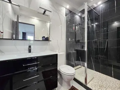 a bathroom with a shower and a toilet and a sink at 51m2 Gray d'Albion, Croisette, terrasse & clim in Cannes