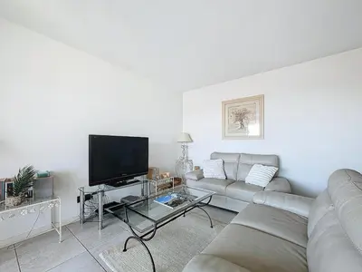 a living room with a couch and a flat screen tv at Appartement 3 pièces à Cannes avec piscine in Cannes