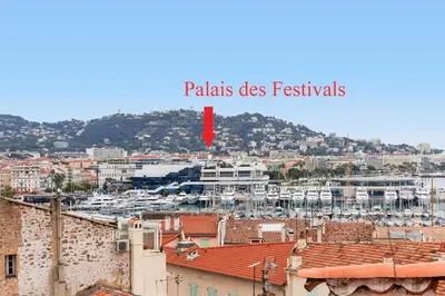 a view of a city with a red arrow saying palls does festivals at Immogroom - 2 Bedroom - Close to citycenter in Cannes