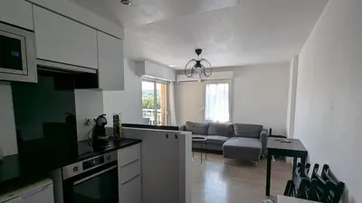 a kitchen and living room with a couch and a table at Pleasant bright apartment - lake and pool view in Le Cannet