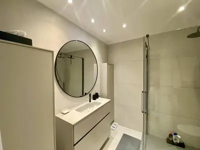 a bathroom with a mirror and a sink and a shower at Cannes - Magnifique 4 pièces terrasse au calme à deux pas de la rue d'Antibes in Cannes