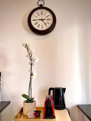 a clock on a wall above a coffee maker and a flower at Luxury Cannes Suite Terrace Walk to Palais in Cannes
