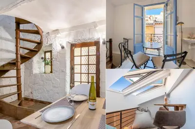a collage of pictures of a room with a spiral staircase at Charming 1-Bedroom Townhouse in Cannes