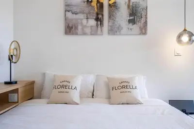 a bedroom with a white bed with two pillows on it at L'HARMONIE DE CARNOT avec Balcon in Cannes