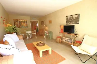 a living room with a couch and a tv at air-conditionned apartment 2 bedrooms & bathrooms with refined decoration in Cannes