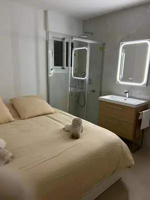 a bedroom with a bed and a shower and a sink at Joyaux cannois in Cannes