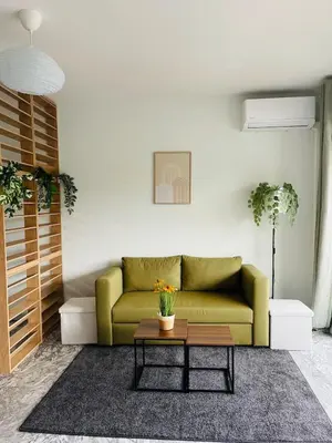 a living room with a green couch and a coffee table at Charmant studio en centre ville in Le Cannet