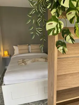 a bedroom with a bed with a plant next to it at Charmant studio en centre ville in Le Cannet