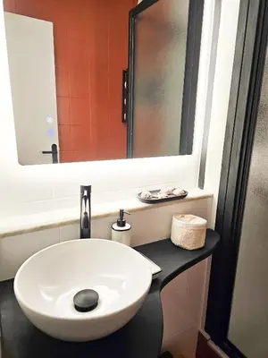 a bathroom with a shower and a sink and a toilet at Volt ' palm in Cannes