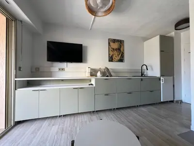 a living room with a couch and a table at Volt ' palm in Cannes