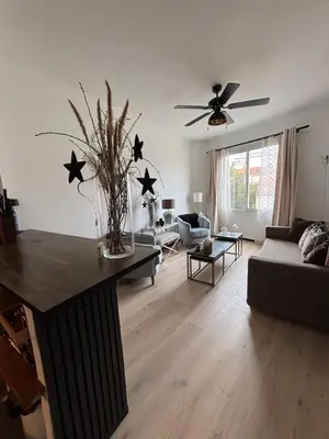 a living room with a ceiling fan and a couch at Luxury, newly renovated, 2-room apartment, Banana in Cannes