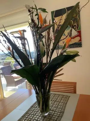 a vase with a plant sitting on a table at Appartement chic à Cannes, avec terrasse et cheminée, 83 m² in Cannes