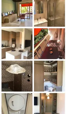 a collage of four pictures of a kitchen and a living room at CANNES CROISETTE Sea & Sky in Cannes
