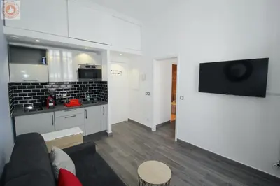 a living room with a couch and a kitchen at ALC - MOL6 - 9 min Palais and 5 min Beaches in Cannes