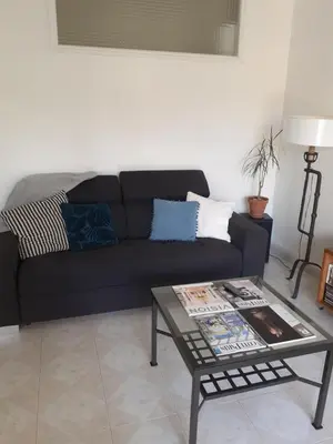 a living room with a black couch and a coffee table at Grand Studio Terrasse Proche Palais des Festivals in Cannes