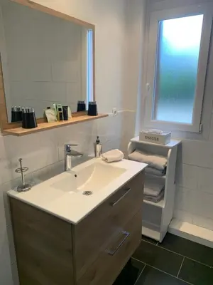 a bathroom with a sink and a mirror at APPART' CANNES in Cannes