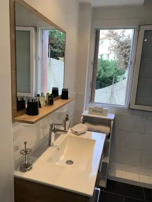a bathroom with a sink and a large mirror at APPART' CANNES in Cannes