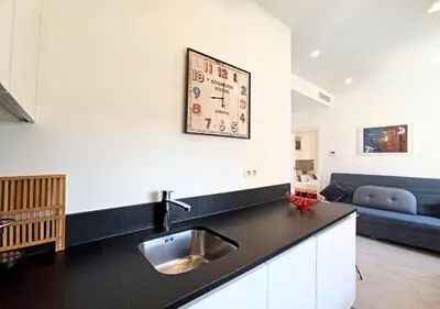 a kitchen with a sink and a living room at Lovely and Modern 1 Bedroom City Centre Cannes in Cannes