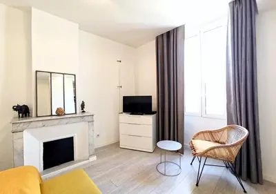 a living room with a fireplace and a tv at Lovely and Modern 1 Bedroom City Centre Cannes in Cannes