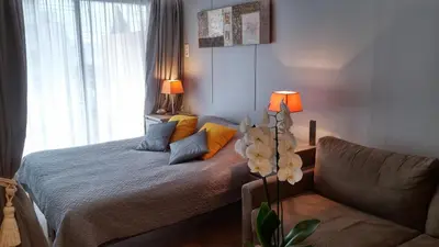 a living room with a bed and a couch at SOPHIES HOMES FÉLIBRIGES BEACH & PALAIS des FESTIVALS in Cannes