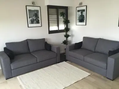 a living room with two couches and a rug at Appartement Residence Athena in Cannes