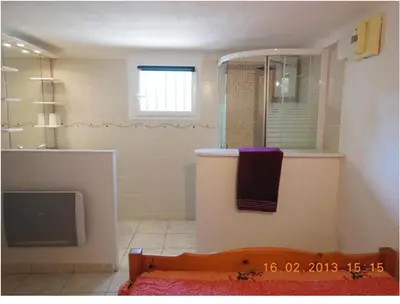 a bathroom with a shower with a mirror and a towel at Un coin de campagne en ville in Le Cannet