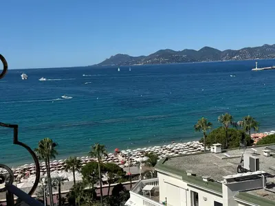 a view of a beach with palm trees and the ocean at CROISETTE Palais MIRAMAR FRONT DE MER in Cannes