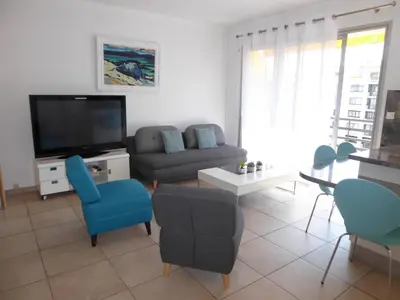 a living room with a couch and a tv at Palais Rouaze in Cannes