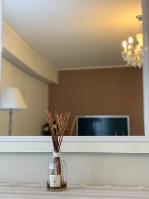 a jar with sticks in it sitting on a table in front of a mirror at Carlton Riviera Apartment in Cannes