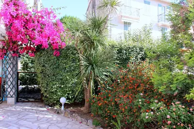 a garden with pink flowers and plants in front of a building at Central avec Jardin in Cannes