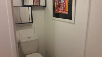 a bathroom with a toilet and a picture on the wall at Central avec Jardin in Cannes