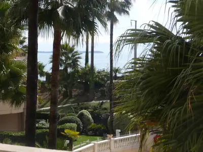 a view of the ocean from a resort with palm trees at Cannes design vue mer in Cannes