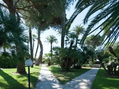 a palm tree lined walk way with a sidewalk at Sea Side apartment in Cannes