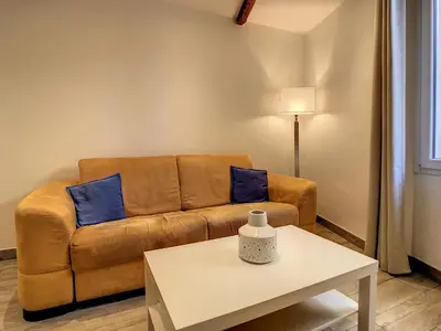 a living room with a couch and a table at 1 bedroom Forville, 4 min Palais,Plages,Croisette in Cannes